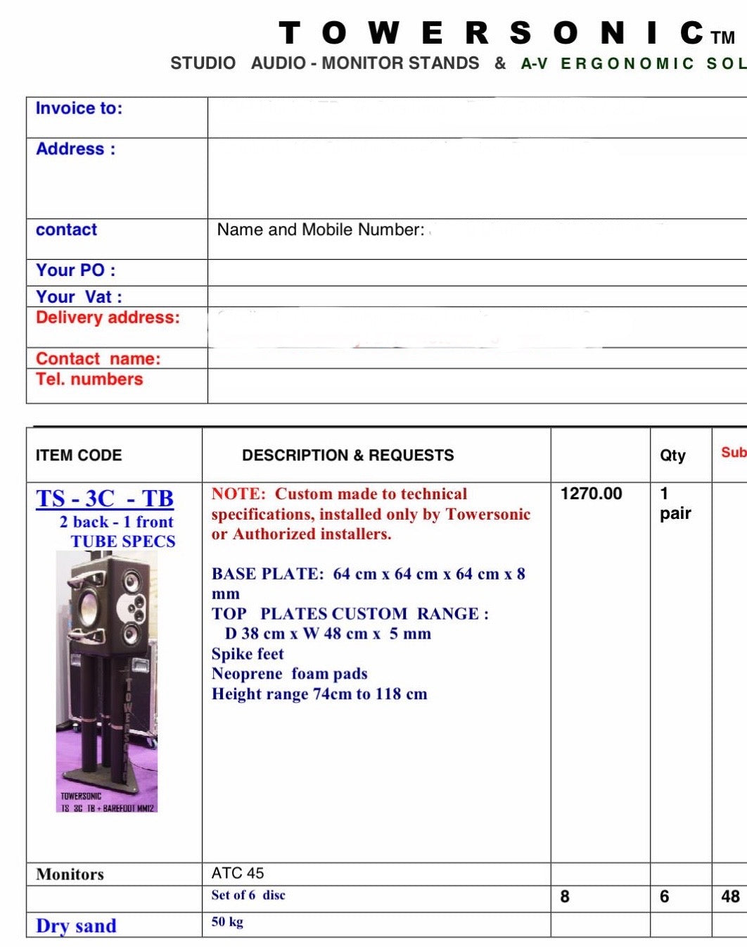 Towersonic TS-3C-TB Speaker Stands (Pair)
